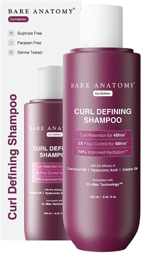 Bare Anatomy Curl Defining Shampoo Curl Retention & 2X Frizz Protection For 48 Hours Powered By Coconut Oil, Hyaluronic Acid & Castor Oil Sulphate & Paraben Free Women & Men 250 ml