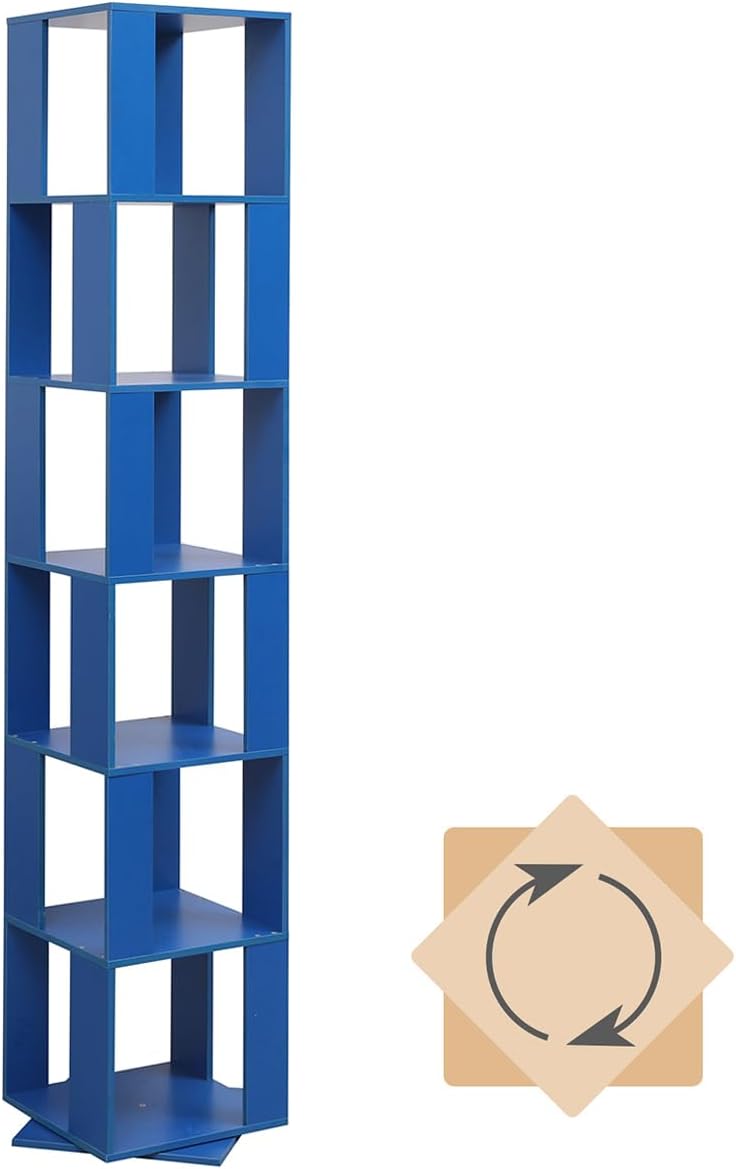NICEME 190 cm Rotating Bookshelf, 6-Tier Corner Bookcase Book Storage Unit,Tall Display Shelf, Slim Bookshelves for Living Room, Library (Blue)