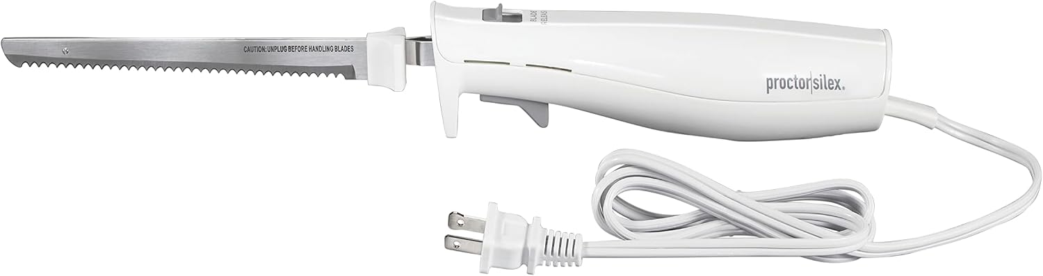 Proctor Silex Easy Slice Electric Knife With Serrated Stainless Steel Blade | For Carving Meats, Bread, Crafting Foam & More | Lightweight With Ergonomic Grip | White | 74312J