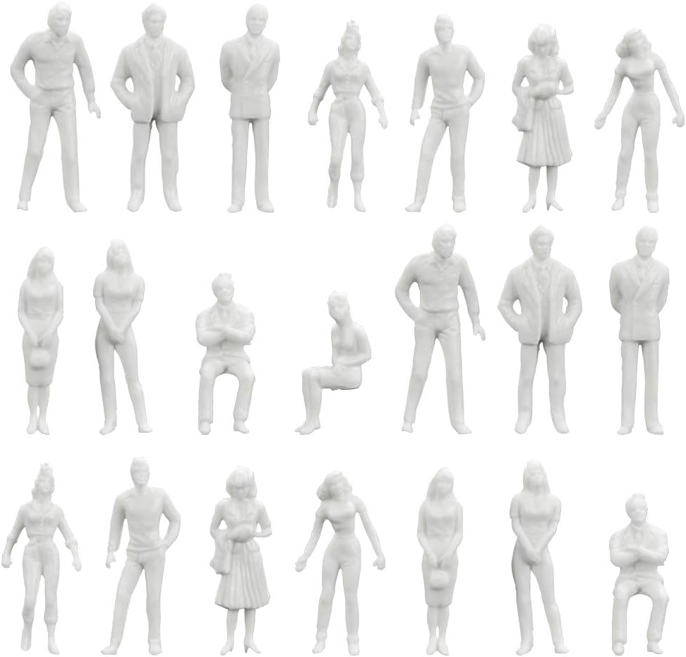 XAVSWRDE 100 PCS Model Train People Passengers 1:50 White Unpainted Architectural Tiny Mini People Figures Plastic O Scale Figures Sitting and Standing for Miniature Scenes Micro Landscape Doll House