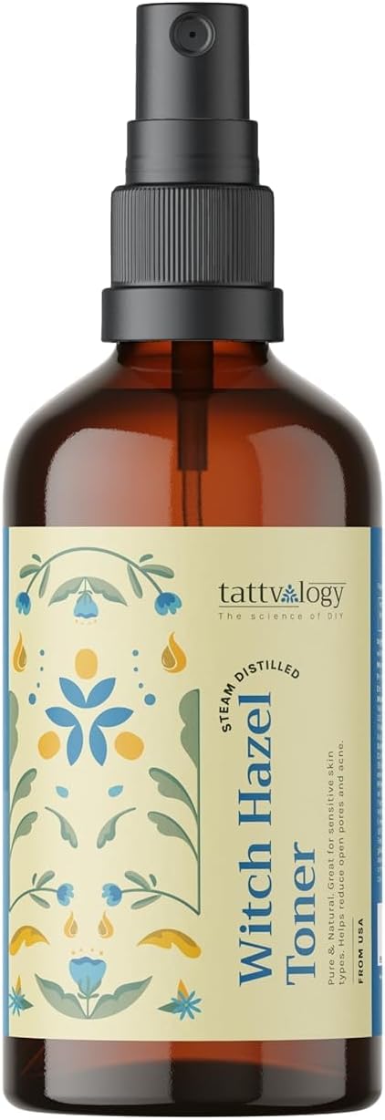 Tattva-logy Pure Witch Hazel Distillate Toner | Astringent for Face | Tightens Pores, Controls Oil & Calms Skin | Natural Cleanser for Face & Body | Glass Spray Bottle 3.3 fl oz.