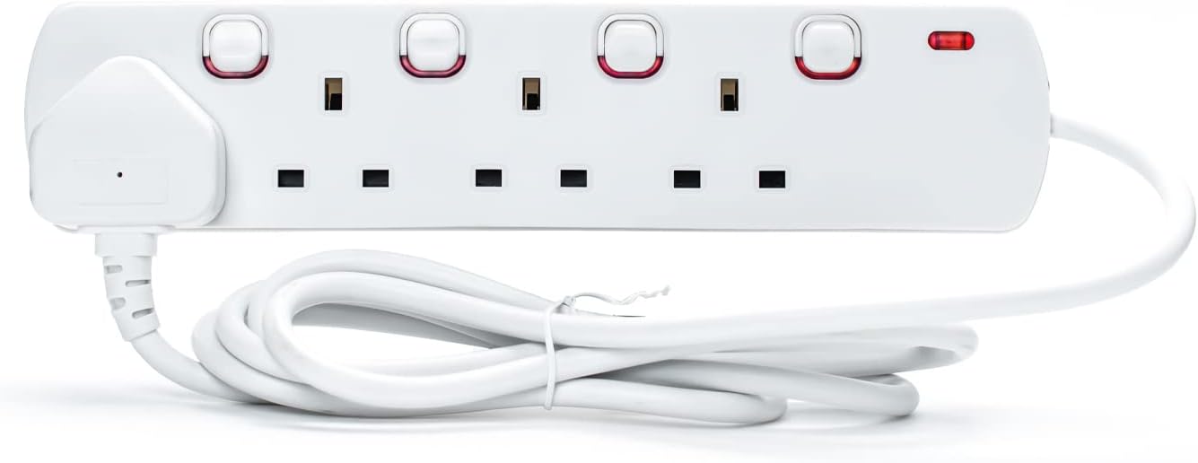 STATUS Multi Plug Extension, 4 Socket Extension Cable, 2m Extension Lead, Individually Switched with Neon Indicator, White, S4WSS2M1PKB12