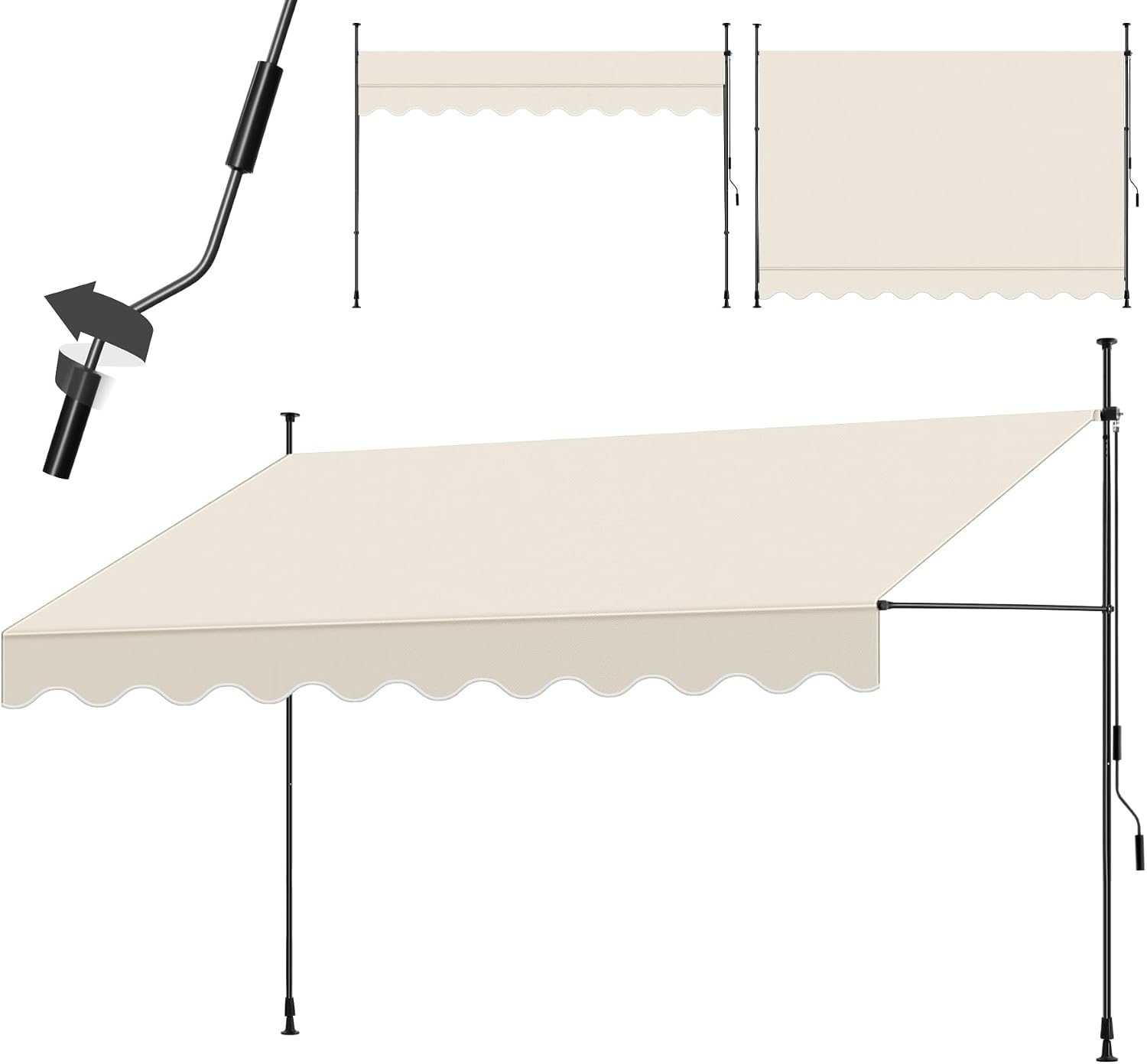 tectake Garden Patio Retractable Awning, Manual with Hand crank, Sun shade Canopy with UV and Rain Resistance, Clamp System with No Drilling Required - beige