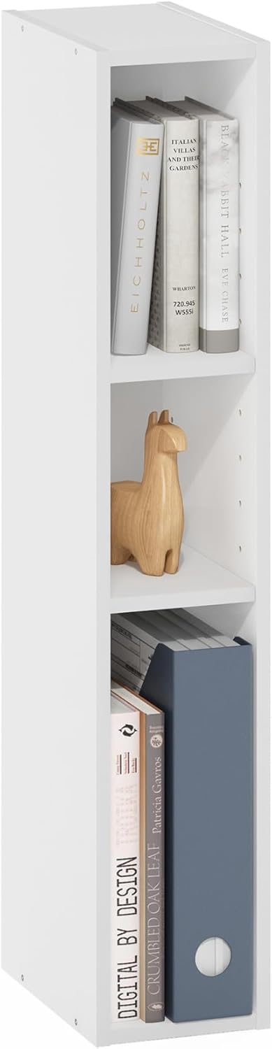 Furinno FULDA Book Shelf, 3-Tier Narrow Bookshelf, Bookcase with 6-In Width Storage Shelf, 9.3 x 5.9 x 31.5, for Living Room, Bedroom, Home Office, White