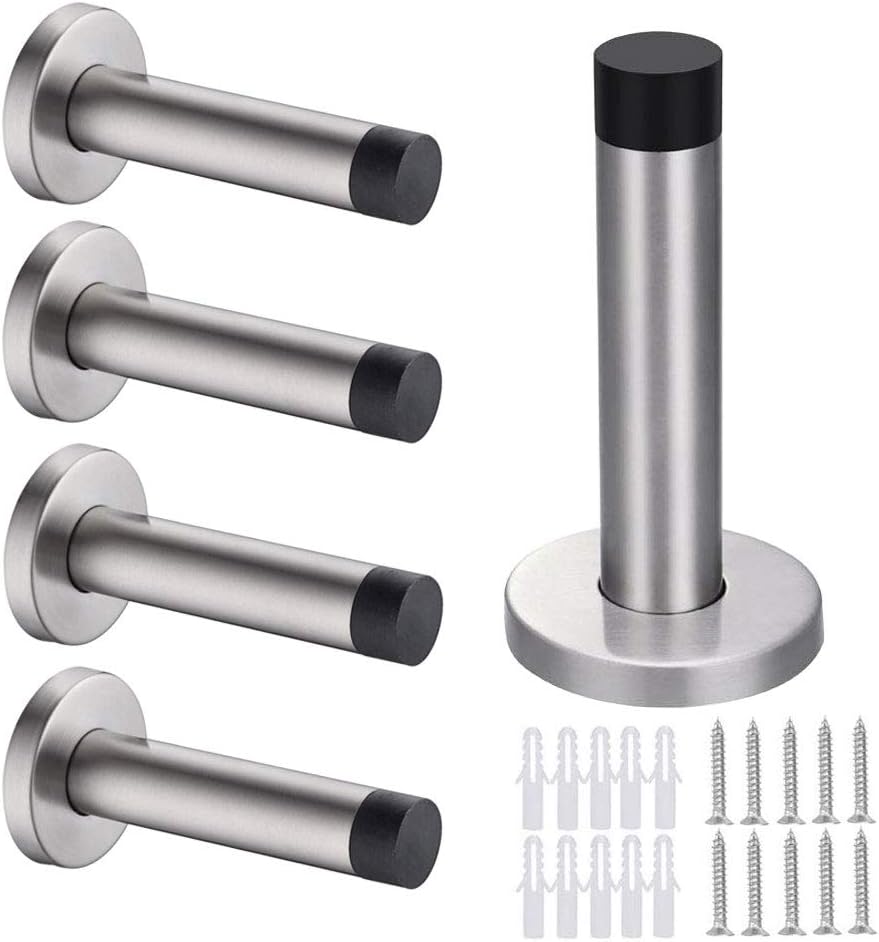 Door Stop, STARVAST 5 Pack 90mm Stainless Steel Door Stopper Heavy Duty Wall Mounted Rubber Buffer Bumper with Screws and Drywall Anchors
