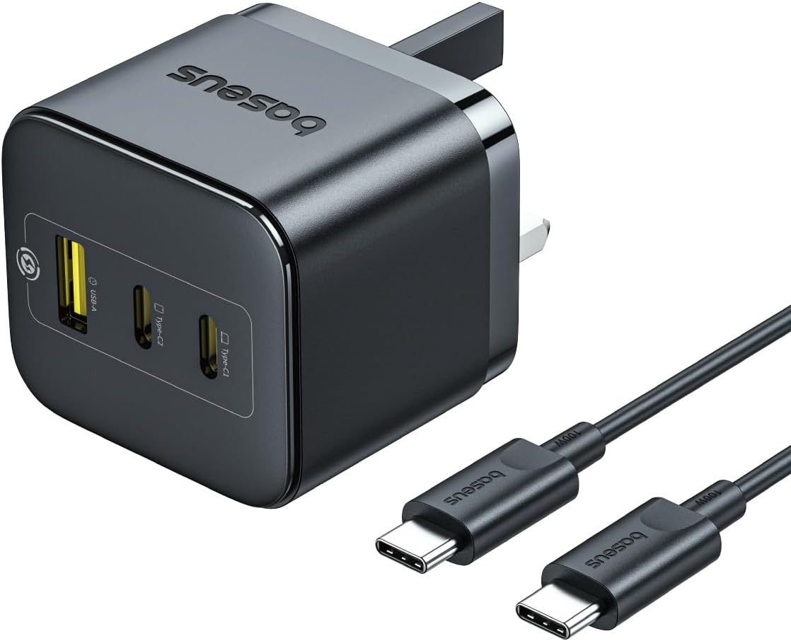 Baseus 65W USB C Charger Plug UK, MacBook Charger, PPS 3-Port Fast Charging Compact GaN USB C Charger, Compatible with MacBook Pro/Air, iPhone 17 16 15, iPad, Galaxy S24/S23, Steam Deck, Switch