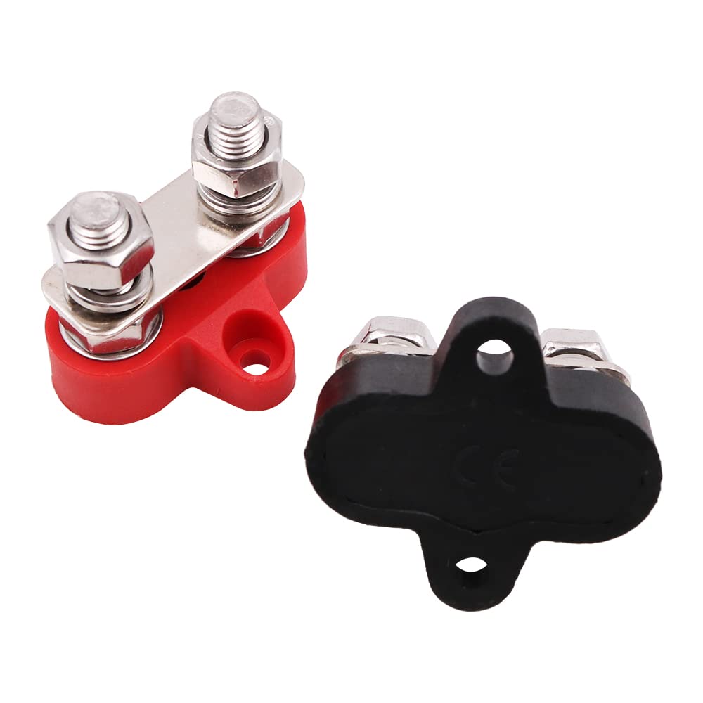 Tiardey 1Pair Bus Bar Terminal Block Power Stud Insulated Battery Junction Post Terminal Block Set M8 Dual Studs w/Bus Bar, Max 48V DC 80 Amp Trucks RVs Boats - Red Black
