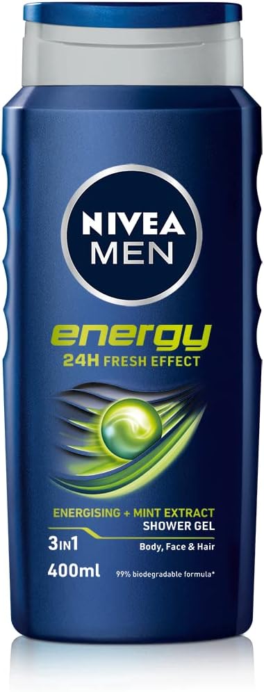 NIVEA MEN Shower Gel Energy (6 x 400ml), Energizing Body Wash with Mint Extract, All-in-1 Shower Gel for Men, Strong NIVEA Men Shower Gel with Fresh Masculine Scent