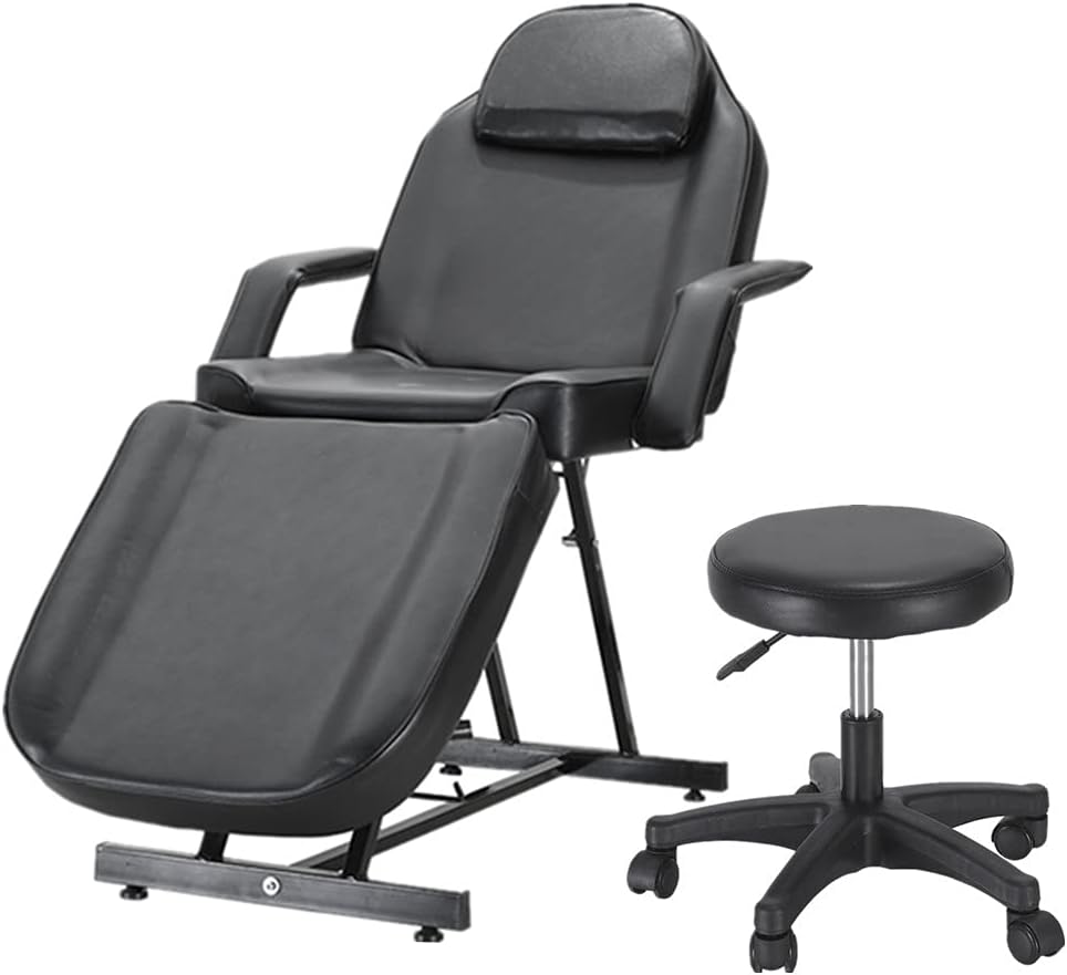 Panana Balance Massage Bed Table Adjustable Reclining Beauty Salon Chair Tattoo Spa Facial Couch Bed with Stool (Black)