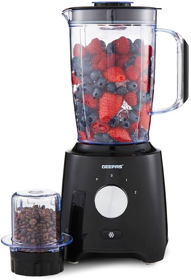 GEEPAS 2-in-1 Food Jug Blender | 1.8L Juice Jar & 60G Mini Coffee Spice Mill | 6-Leaf Stainless-Steel Blades 2 Speed & Pulse Lockable Lid Smoothie Maker Turbo Button for Ice Crushing | 600W Black