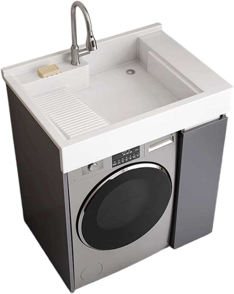 Integrated Washing Machine Stand and Bathroom Vanity,Modern Small Laundry Sink with Cabinet,Modern Stainless Steel Washing Machine Rack,Freestanding Storage Unit with Faucet,85 * 65 * 101cm