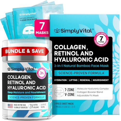 Collagen Cream & Hydrating Face Mask Set with Retinol & Hyaluronic Acid – Anti-Aging Skincare Bundle for Women – Moisturizing, Firming & Lifting Facial Care with Cream and Sheet Masks