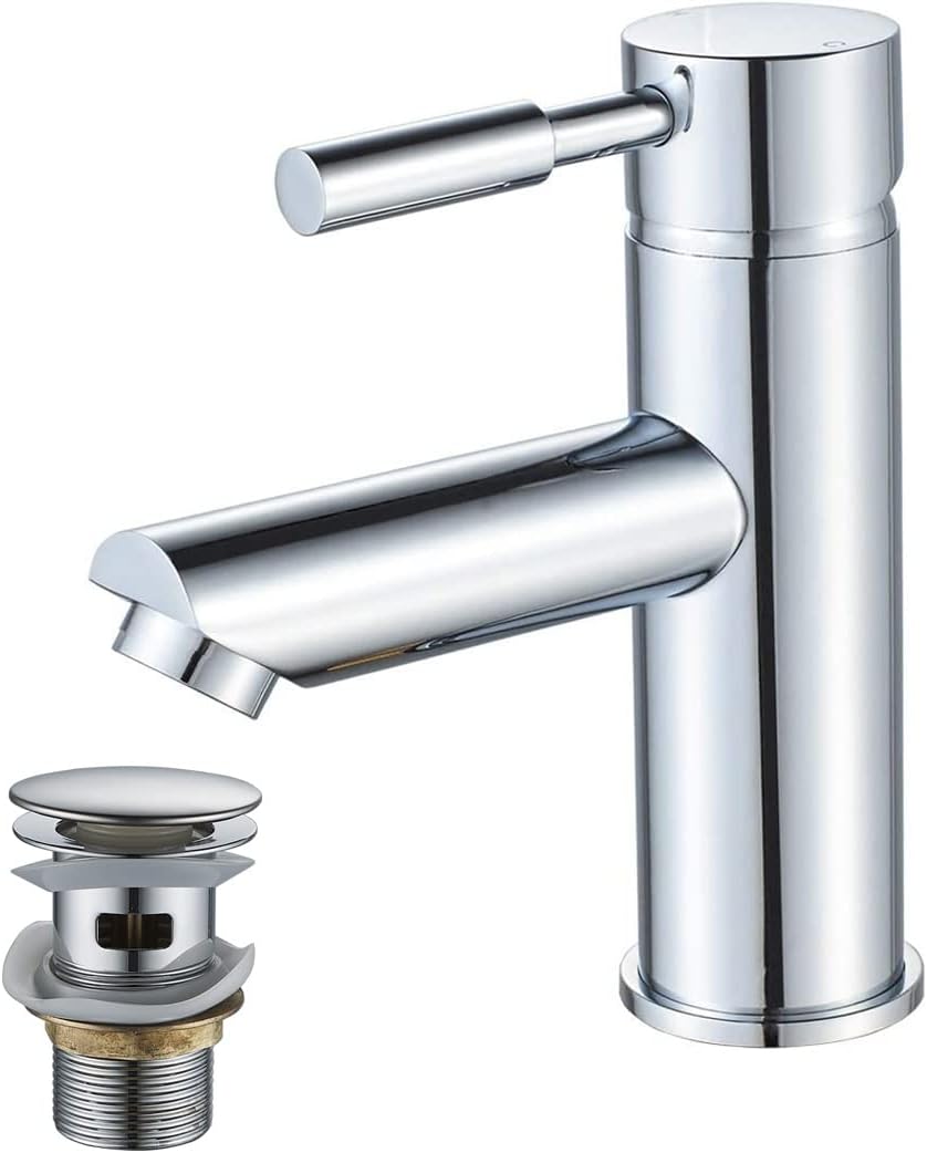 Basin Tap with pop up Waste,Luckyhome Washroom Sink Mixer Taps Single Lever Brass Cold and Hot Water Faucet