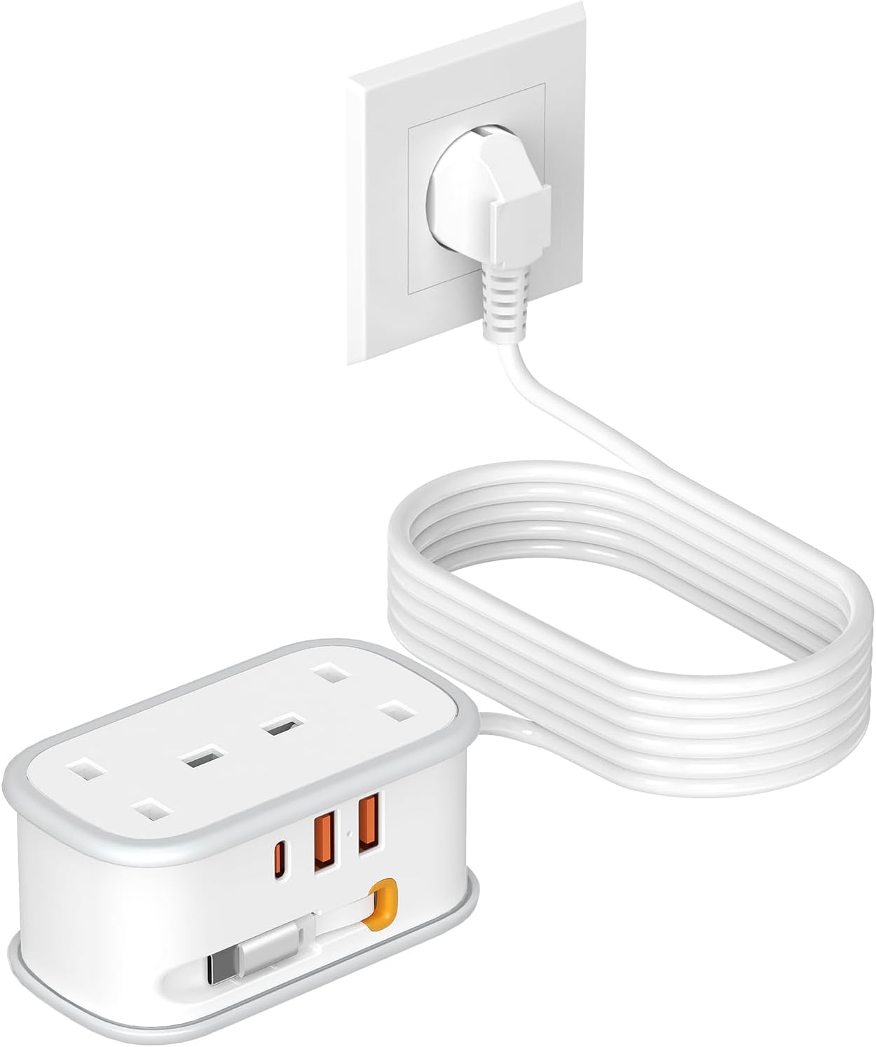 UK to European Plug Adapter with 1.5M Extension Cable, BEVA 2 Way 3 USB (2A+1C) Travel Adapter with Retractable USB C Cable for Germany France Spain Turkey Greece Iceland etc (Type E/F)