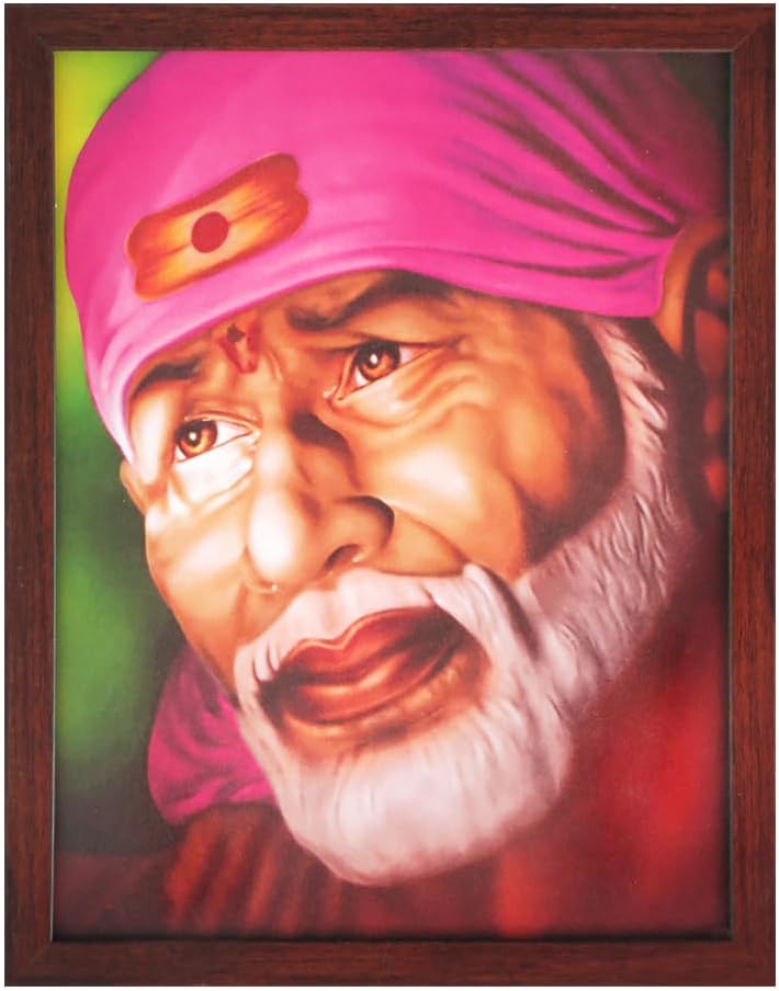 SANVIKA 12" x 9" Sai Baba Poster Frame Wall Decor, Sai Baba Photo Art Frame For Living Room Decor, Hindu Decor For Home Office, Pooja Room (Sai Baba Full Face Art in Pink)