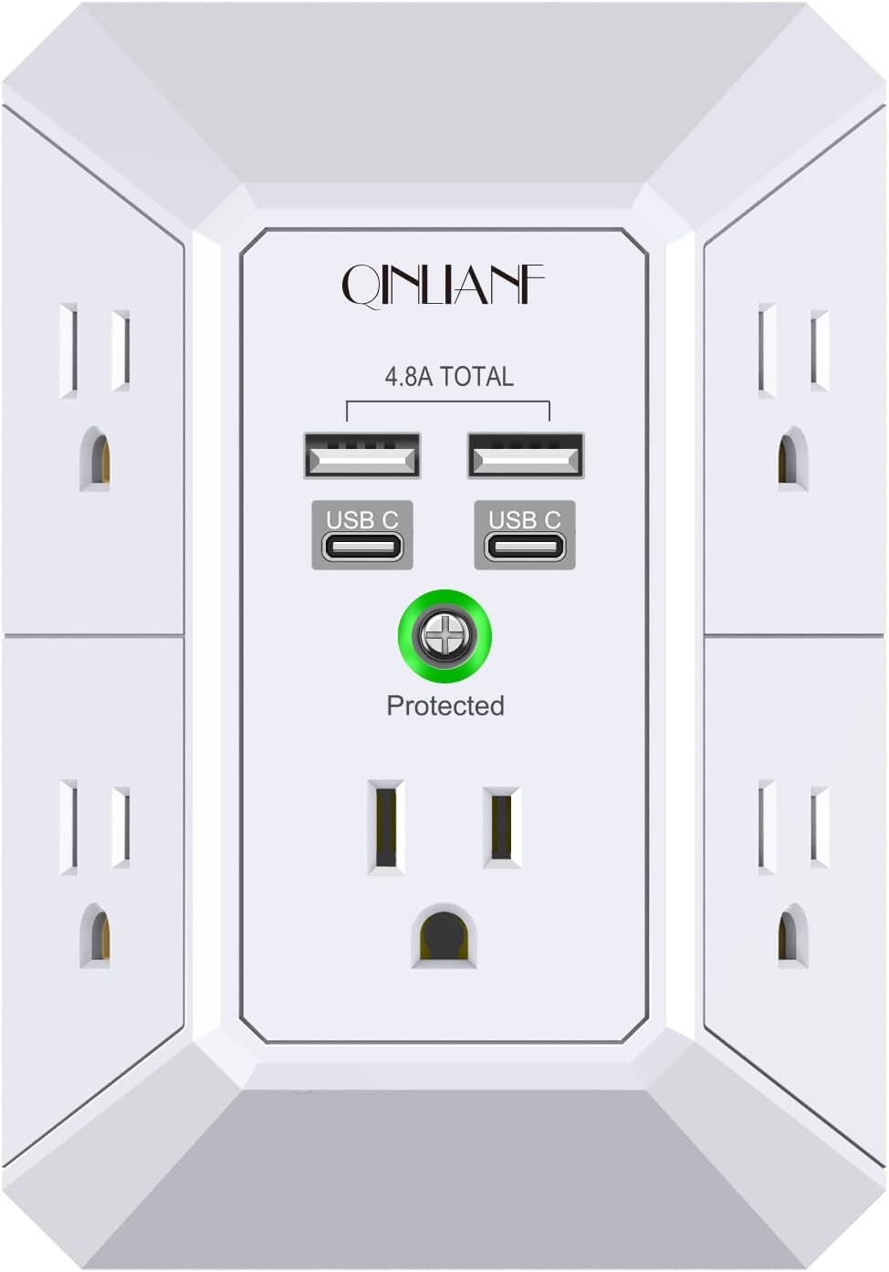 USB Wall Charger, Surge Protector, QINLIANF 5 Outlet Extender with 4 USB Charging Ports (4.8A Total) 3-Sided 1680J Power Strip Multi Plug Outlets Wall Adapter Spaced for Home Travel Office (2U2C)