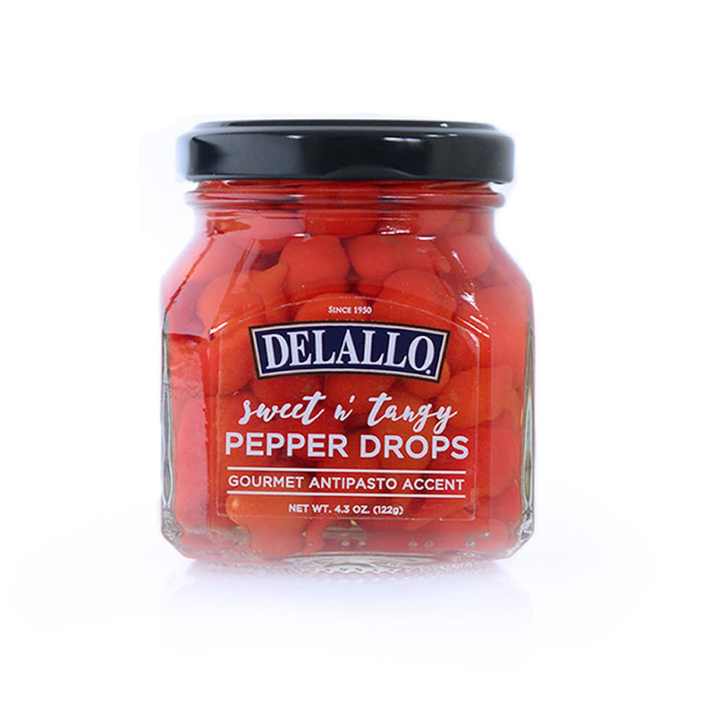 DeLallo Sweet & Tangy Pepper Drops, Red Peruvian Mini Peppers in Zesty Vinegar Marinade, Gourmet Condiment for Charcuterie and Salads, Non-GMO, Vegan, 4.3 oz. Jar