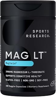 Sports Research Magtein Magnesium L-Threonate Capsules - Magnesium Supplement for Memory, Focus & Cognition - Magnesium L Threonate Supports Brain Health, Sleep & Mood- 2000mg, 180 Capsules for Adults