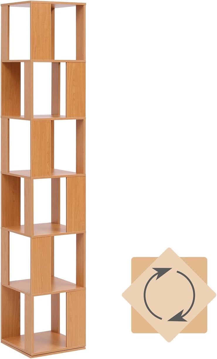 NICEME 190 cm Rotating Bookshelf, 6-Tier Corner Bookcase Book Storage Unit,Tall Display Shelf, Slim Bookshelves for Living Room, Library (Beech)