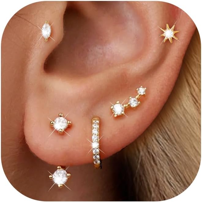 Gold Stud Earrings for Women, 6 Pairs 14K Hypoallergenic Cartilage Earrings for Multiple Piercing, Dainty Small Stackable Hoop Ball Earrings Set