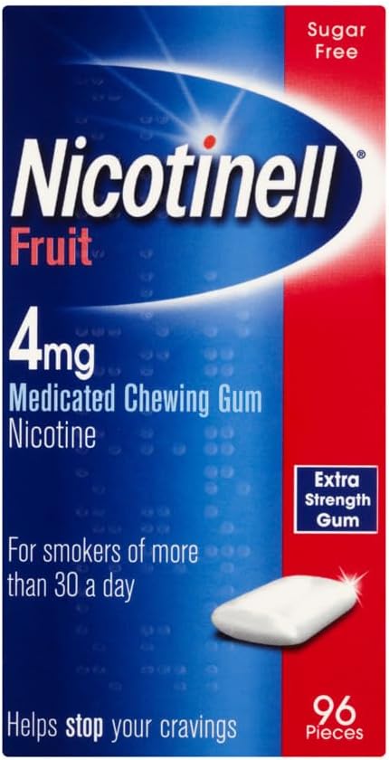 Nicotinell Fruit Gum 4mg (96 Pieces), Stop Smoking Aid, Sugar Free Nicotine Gum, Mild Fruit Flavour, 4mg Extra Strength for Heavy Smokers, Quit Smoking Aid