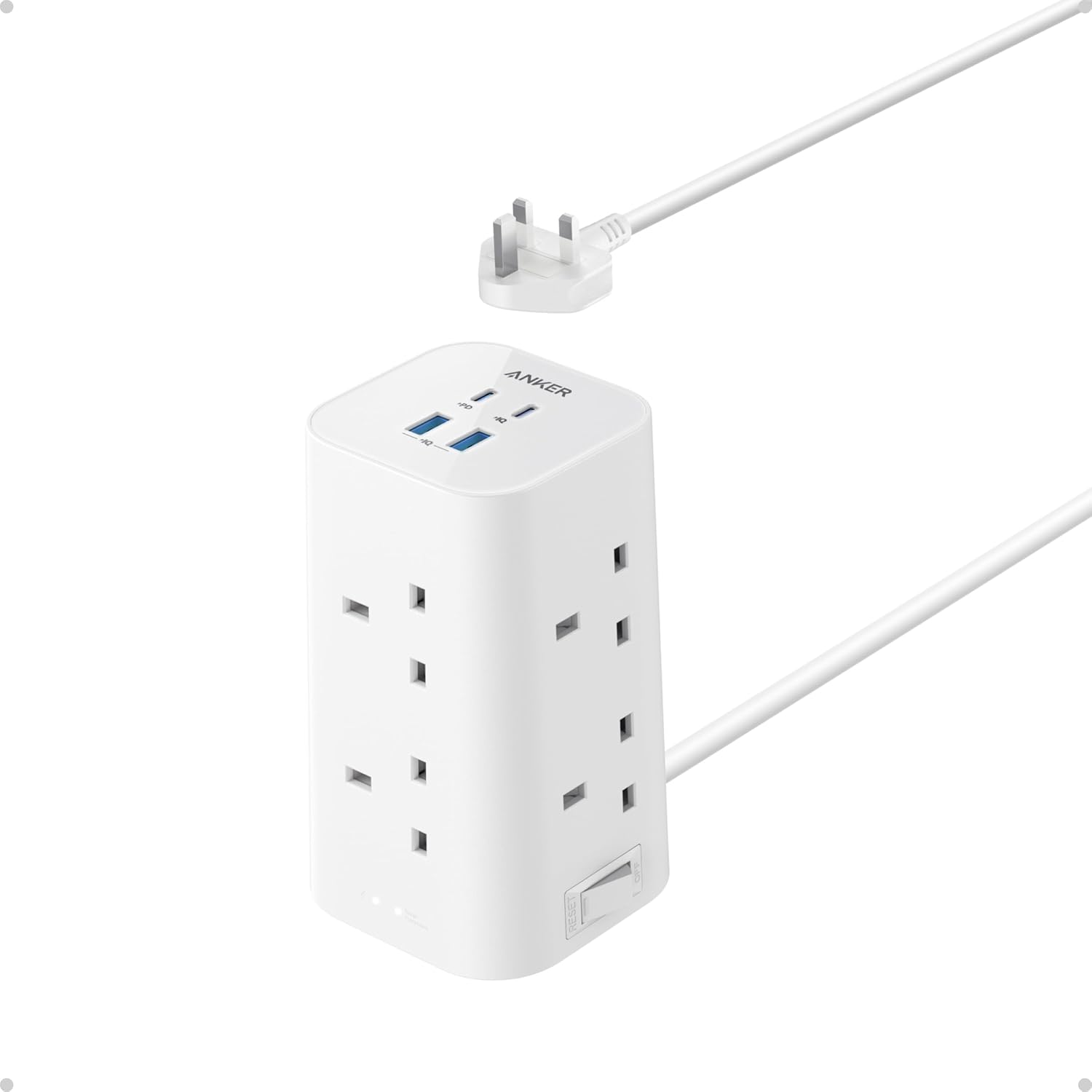 Anker Tower Extension Lead with USB Slots, 12-in-1 Surge Protector Plug Extension Socket with Switch (13A, 2990W), 20W USB C Fast Charging Power Strip, 8 AC Outlets, 4 USB Ports, 2m Extension Cable