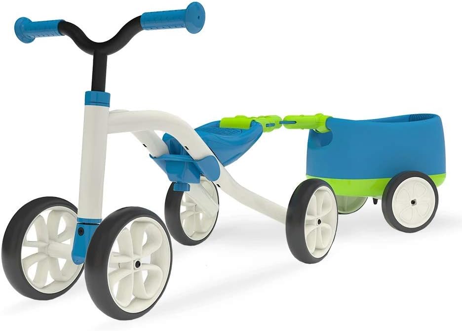 Chillafish Quadie+Trailie: Stable 4-wheeler Ride-On with Trailer for Kids Ages 1-3 years, 3 Seat Positions, “Grow-with-Me” Ride-On with Cookie Storage in the Seat and Silent Non-Marking Wheels, Blue
