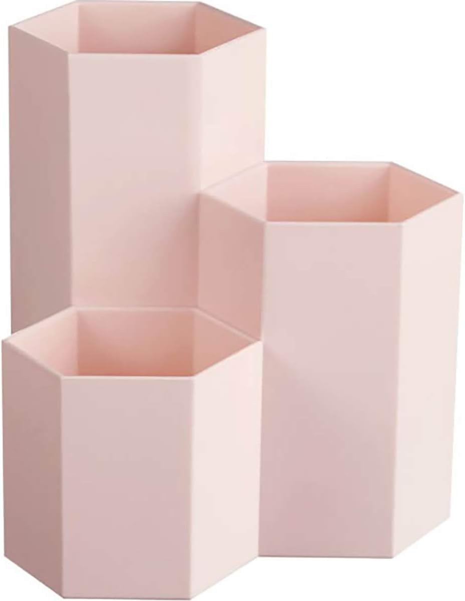 AhfuLife Creative Multifunction Hexagon Makeup Brush Vase Brush Pot Pen Holder Stationery Storage Pen Container Desk Decoration (Pink)