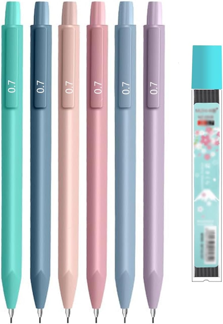 mkemka 6PCS Mechanical Pencil Set (0.7mm) Multicolor, Modern, Retractable, Refillable, Ergonomic Grip, Ideal for Drawing, Writing, Sketching, Painting, Gift for Learning