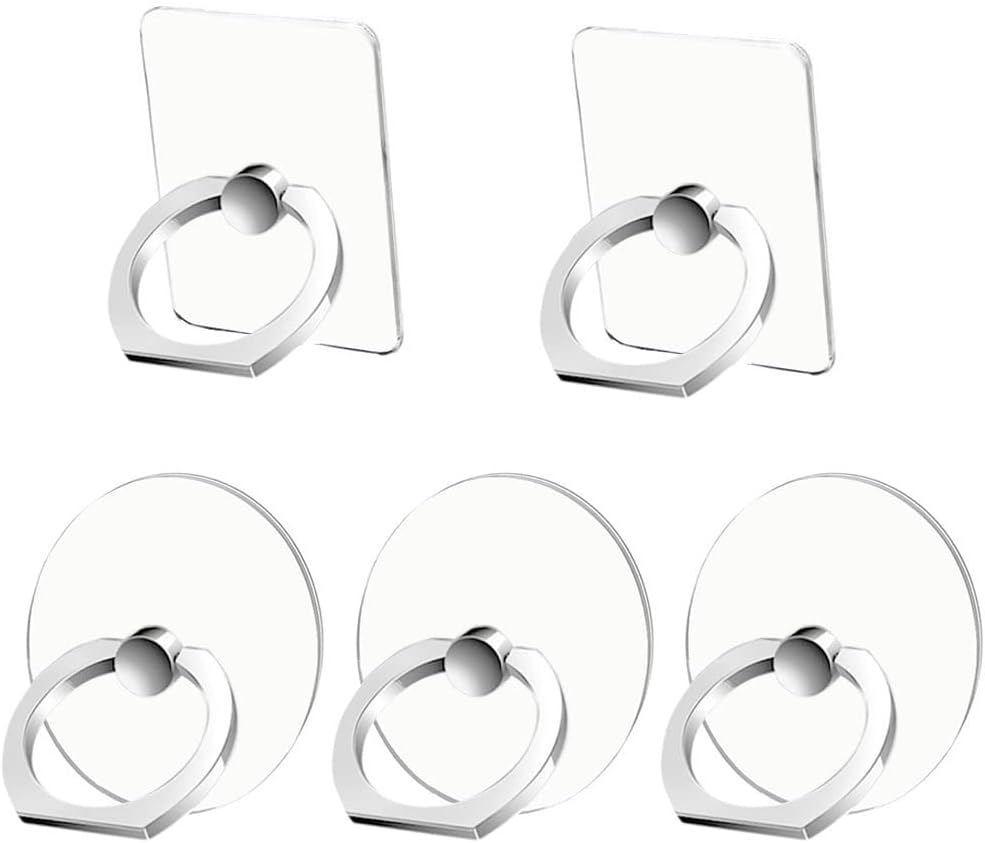 Kinizuxi Mobile Phone Ring Holder 5 Pack Silver, Transparent Phone Grip Holder, 360°Rotation Clear Phone Ring Holder For iPhone,iPad, Samsung, HUAWEI,All Smartphones (3Round+2Square)