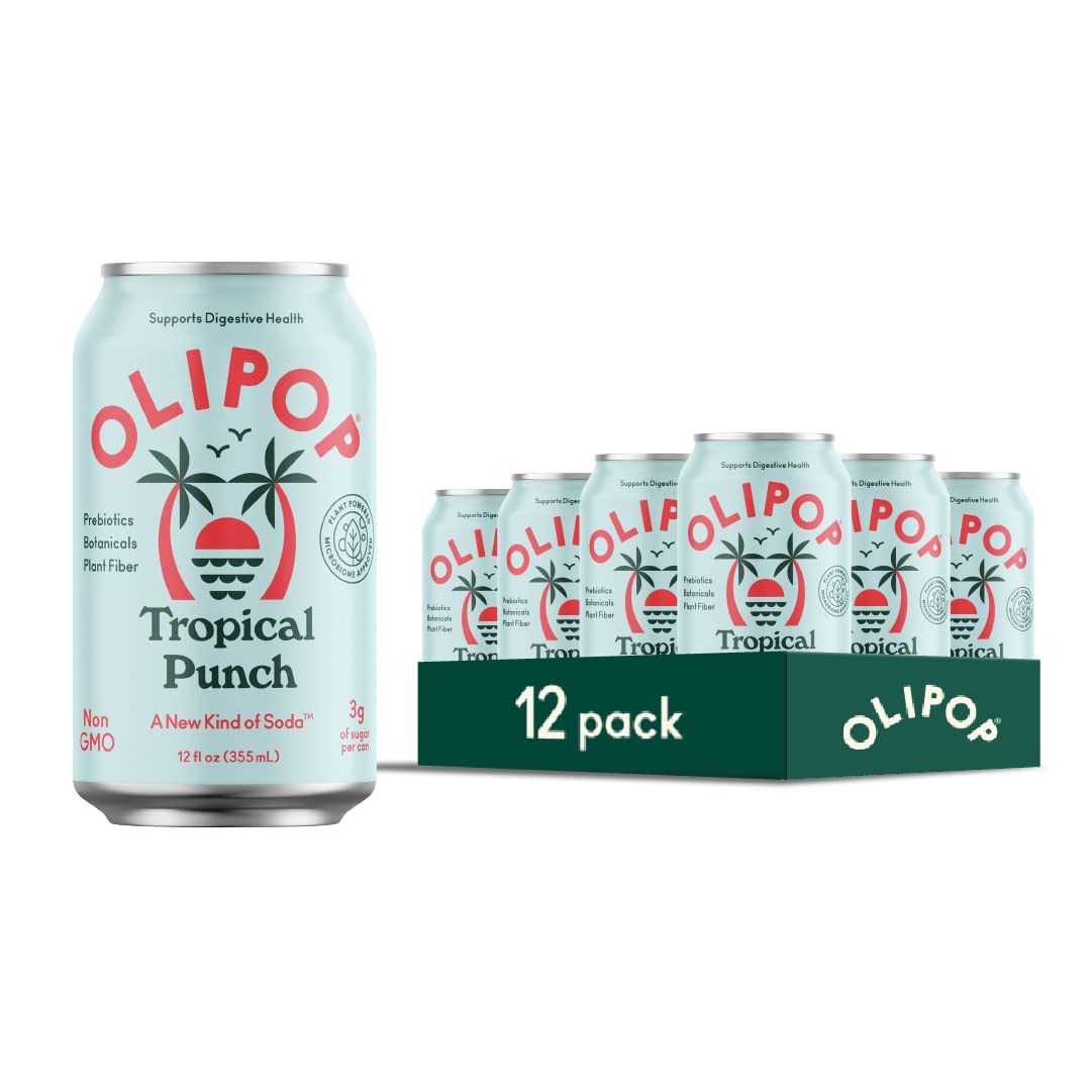 OLIPOP Prebiotic Soda Pop, Tropical Punch, A New Kind of Soda Packed with Prebiotics, Fiber, and Botanicals, Gluten Free, Vegan, GMO Free, 12oz (12-Cans)