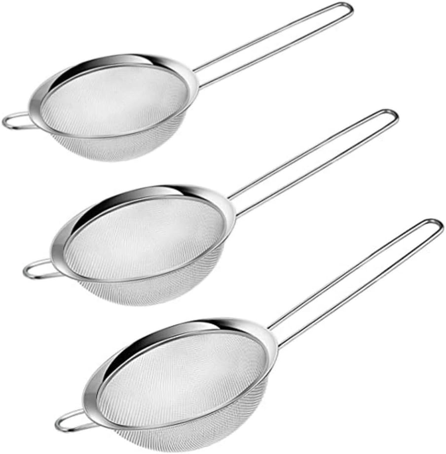 Tea Strainer Fine Mesh Sieve (7cm 8cm 10cm) Size Stainless Steel with Non Slip Handle Kitchen Craft Strainers for Loose Tea Cocktail Juice Flour Spices and Baking Silver Color (Pack of 3)