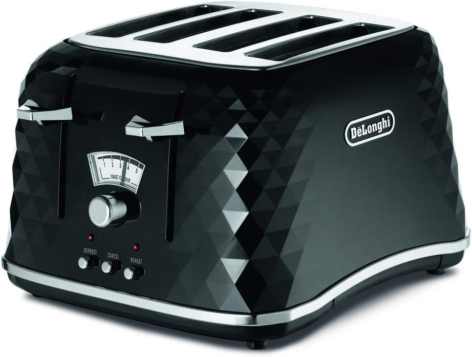 De'Longhi Brilliante 4-slot toaster, reheat, defrost & 6 browning settings, removable crumb tray, CTJ4003BK, Black