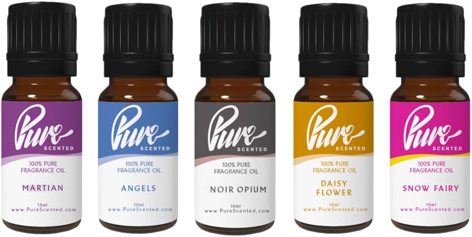 Designer Perfume Fragrance Oil Pack Five 10ml Bottles Martian, Angels, Noir Opium, Daisy Flowers, Snow Angel 100% Pure Uncut, Suitable for Making Candles and Soaps