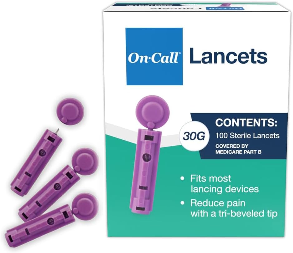 Lancets for Diabetes Testing by On-Call, Fine 30 Gauge Tri-Bevel Tip for Blood Sugar Test, Fits Most Lancing Devices, Diabetic Supplies, 100 Count