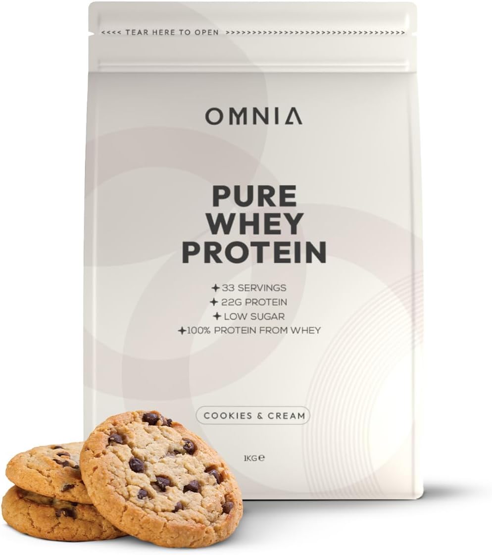 OMNIA Pure Whey Protein Powder, Nutrition Low Carbs and Low Sugar Muscle Building Powder, Over 22G Protein Per Serving - 33 Servings - 1 KG - Cookies and Cream