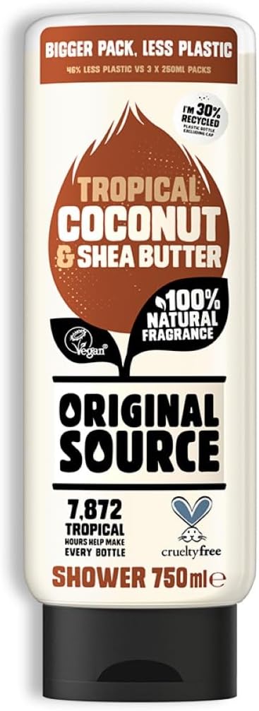 Original Source Coconut and Shea Butter Shower Gel, 100 Percent Natural Fragrance, Vegan, Cruelty Free, Paraben Free, Large Bottle, 750 ml