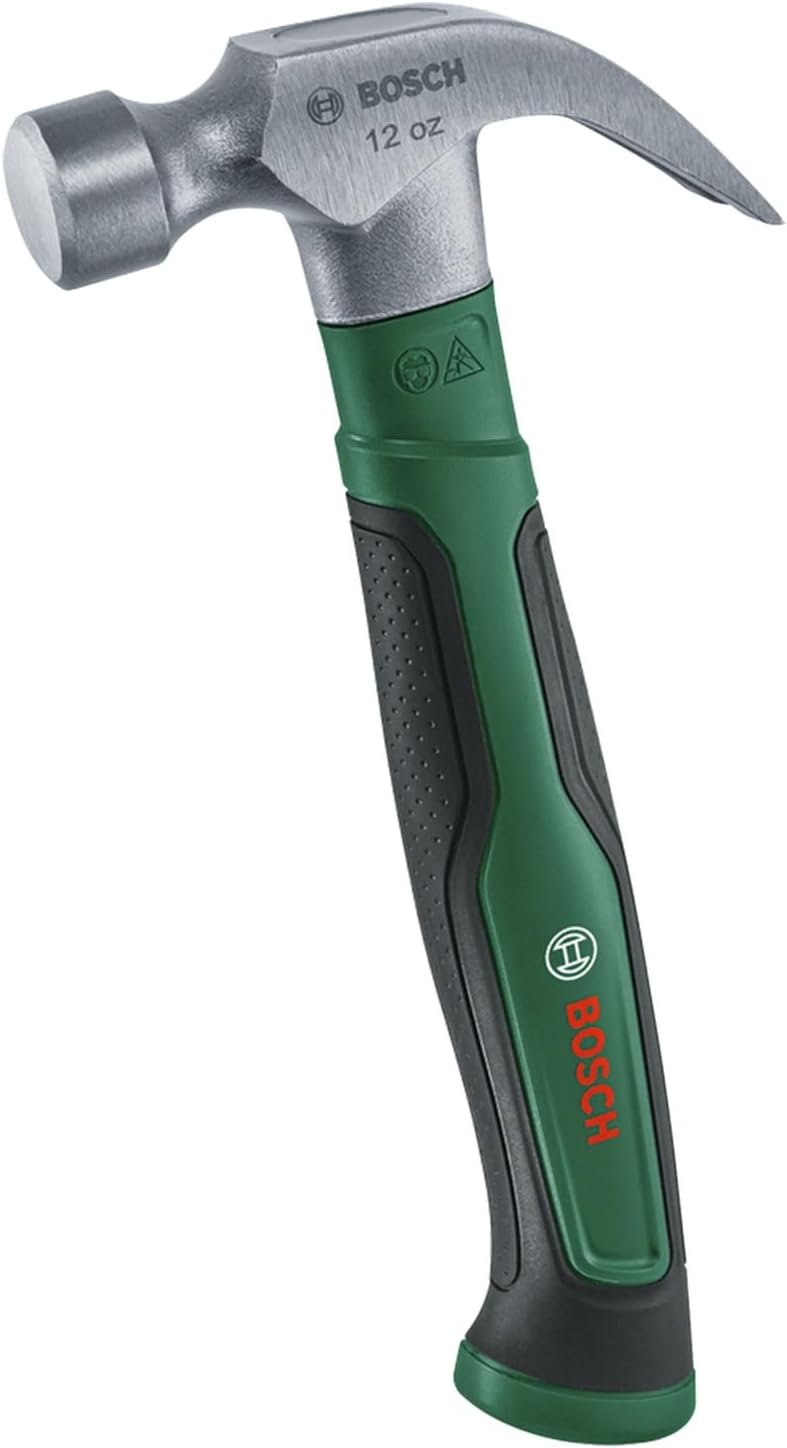 Bosch Claw Hammer 340g / 12oz (Large Striking Surface; Robust High-Carbon Steel; V-Shaped Claw; Comfortable Softgrip Handle with Fibreglass Core; Low Vibration)