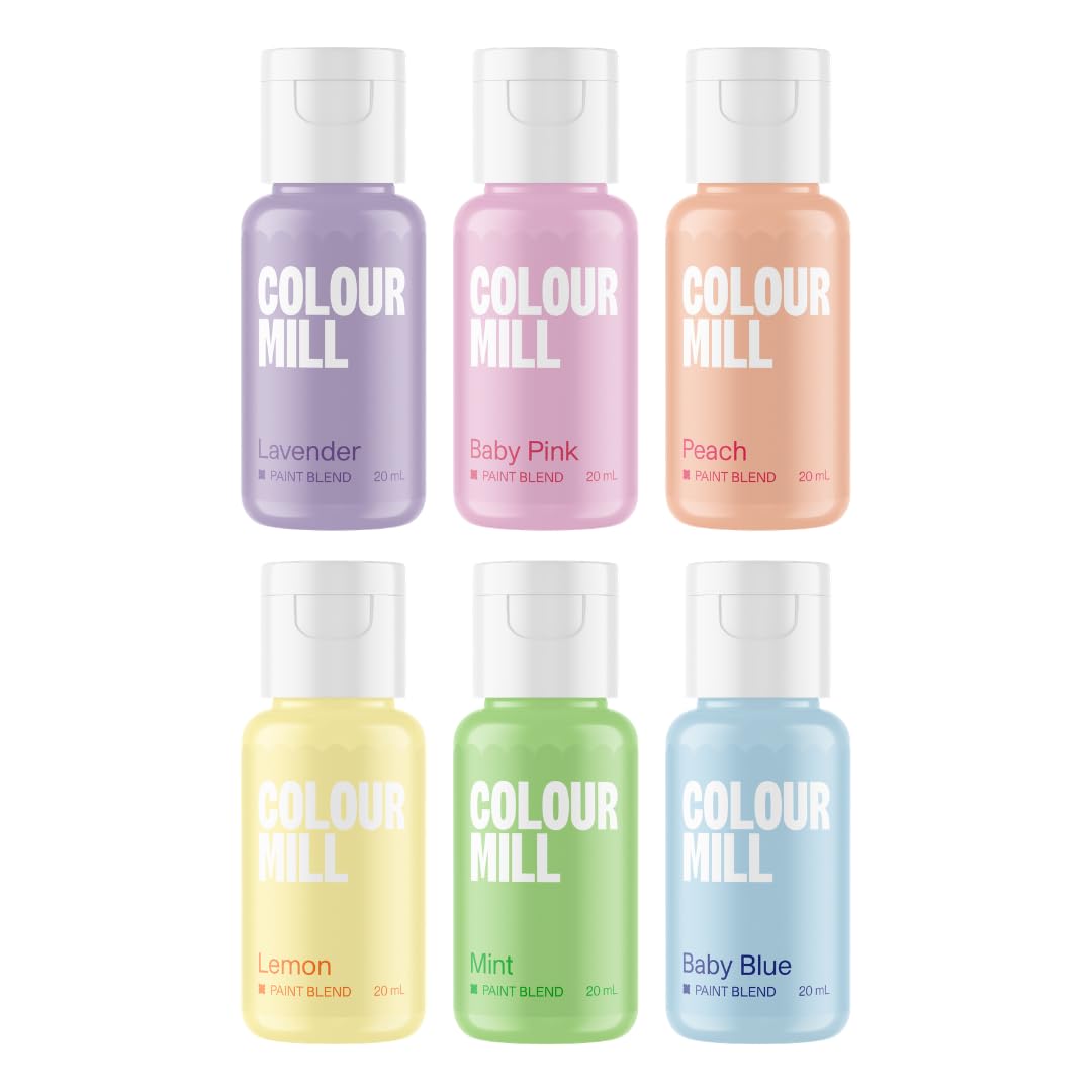 Colour Mill Edible Food Paint Blend, Pastel Pack - 6 Food Colors, Each 20mL | 6 Dessert-Coating Colors: Baby Blue, Baby Pink, Lavender, Lemon, Mint & Peach