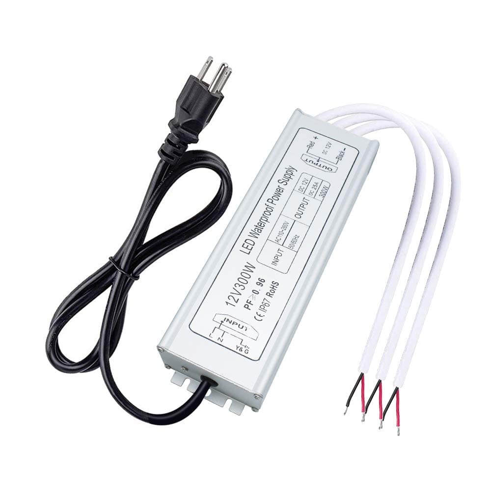 inShareplus 12V Power Supply, 300W IP67 Waterproof LED Power Supply, AC 110-260V to DC 12 Volt 25A Low Voltage Transformer, LED Driver with 3-Prong Plug for LED Light, Computer Project, Outdoor Use