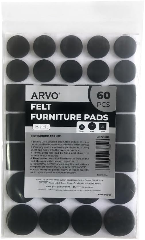 ARVO Felt Furniture Pads - 60 Pcs Furniture Pads Floor Protectors, Felt Pads for Furniture Feet, Non-Slip Anti-Scratch for Hardwood Floors, Chair Legs - Black