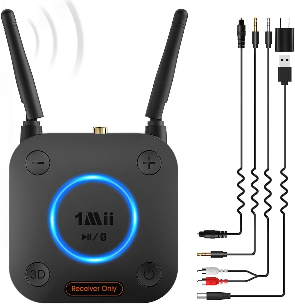 [Upgraded] 1Mii B06Pro Long Range Bluetooth Receiver, HiFi Wireless Audio Adapter, Bluetooth 5.3 Receiver with 3D Surround aptX HD Low Latency Optical RCA AUX 3.5mm Coaxial for Home Stereo System