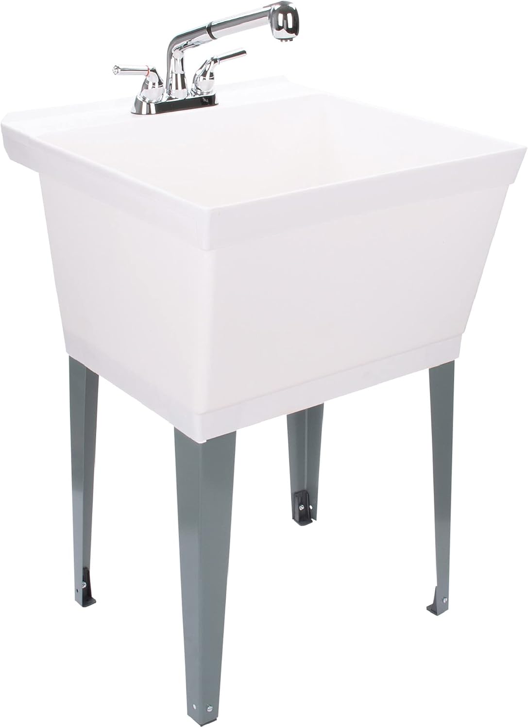 White Utility Sink Laundry Tub With Pull Out Chrome Faucet, Sprayer Spout, Heavy Duty Slop Sinks For Washing Room, Basement, Garage or Shop, Large Free Standing Wash Station Tubs and Drainage