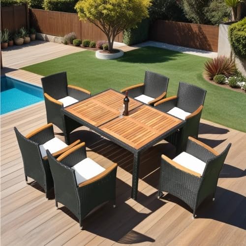 7 Piece Outdoor Patio Wicker Dining Set Patio Wicker Furniture Dining Set w/Acacia Wood Top