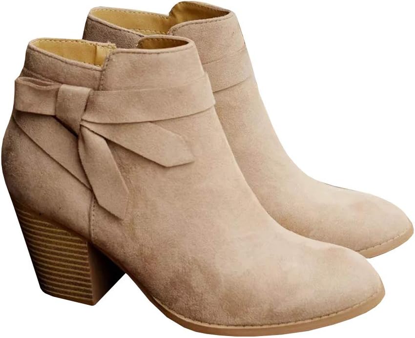 PiePieBuy Women's Tie Knot Chelsea Pump Ankle Boots Closed Toe Stacked Heel Booties Shoes