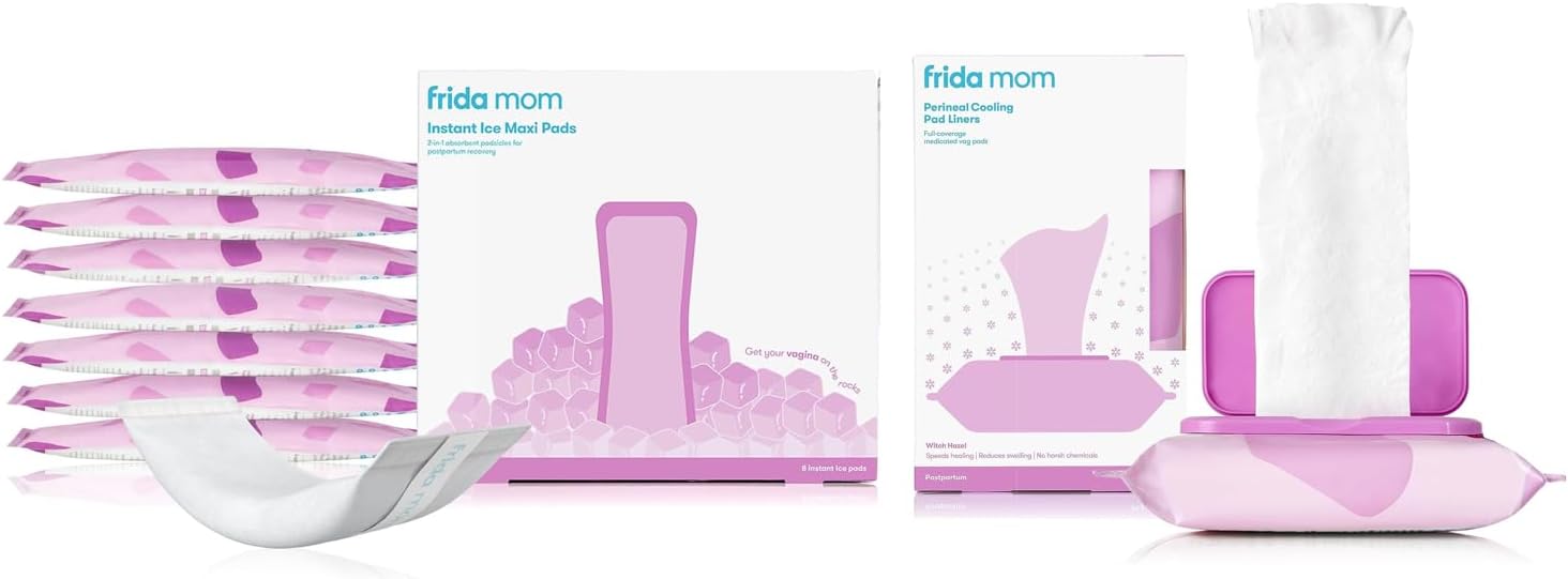 Frida Mom Witch Hazel Perineal Cooling Pad Full-Length Pad Liners + Frida Mom 2-in-1 Postpartum Pads, Ice Maxi Pads| Postpartum Essentials