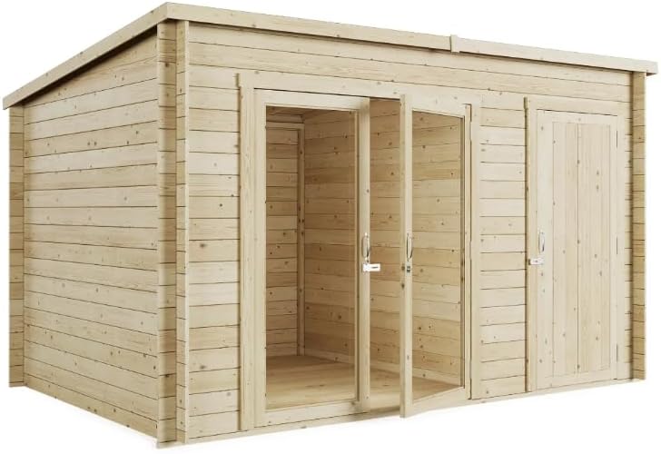 BillyOh Tianna 12x8 ft Log Cabin Summer House with Side Shed Store β Garden Room with Wide Double Doors, Storage Shed, Tongue and Groove Construction | Versatile Tiny Home for Garden Office or Storage