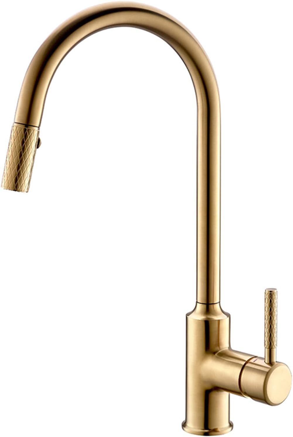 Kitchen Tap Brass Black Gold Kitchen Pull-Out Sink Faucet with 360° Rotation 2 Water Outlet Modes Hot and Cold Mixer Tap Single Hole Single Handle Nozzle Can Be Pulled Ou(Brushed Gold)