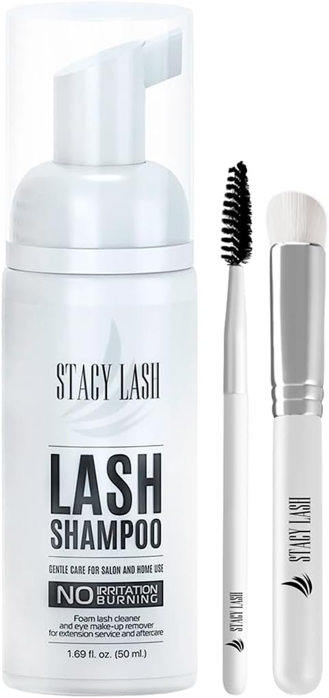 STACY LASH Eyelash Extension Shampoo + Brush / 1.69 fl.oz / 50ml / Eyelid Foaming Cleanser/Wash for Extensions & Natural Lashes/Safe Makeup Remover/Supplies for Professional & Home Use