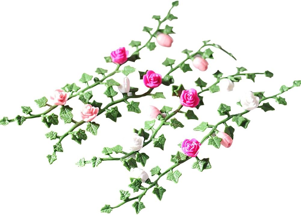 4 Pcs 22 x 130mm Miniature Artificial Rose Vines Fairy Garden Accessories Flower Vines Doll House Flower Garland Dollhouse Hanging Plants Miniatures Mini Long Bouquet Garland with Flowers